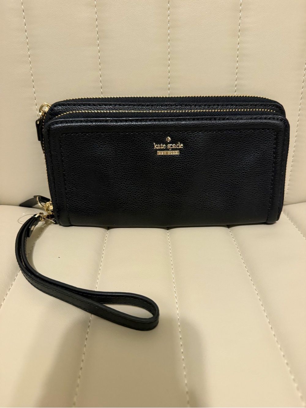 kate spade Black Leather Zip-Around Wristlet Wallet with Gold Hardware